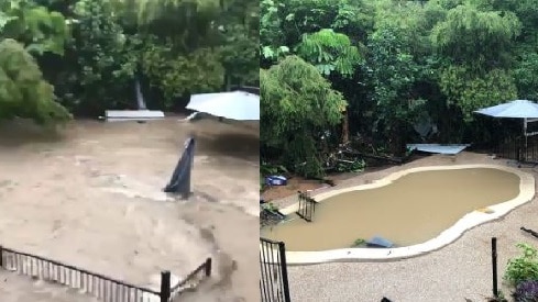 Before and after of a backyard from floodwaters.