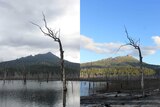 A photo of higher water levels in Lake Gordon in April 2015 on the left and much lower levels in January 2016