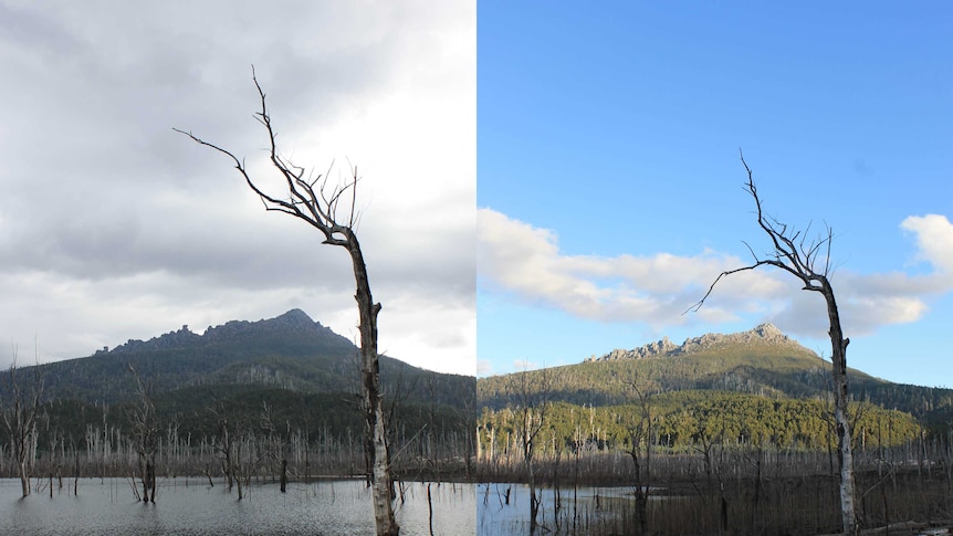 A photo of higher water levels in Lake Gordon in April 2015 on the left and much lower levels in January 2016