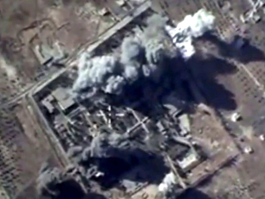 Satellite image of explosions at what Russia says was an Islamic State training camp in Syria.