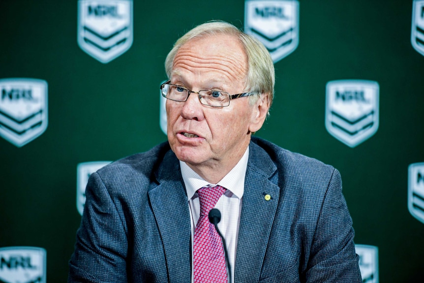 Peter Beattie speaks to press from NRL HQ