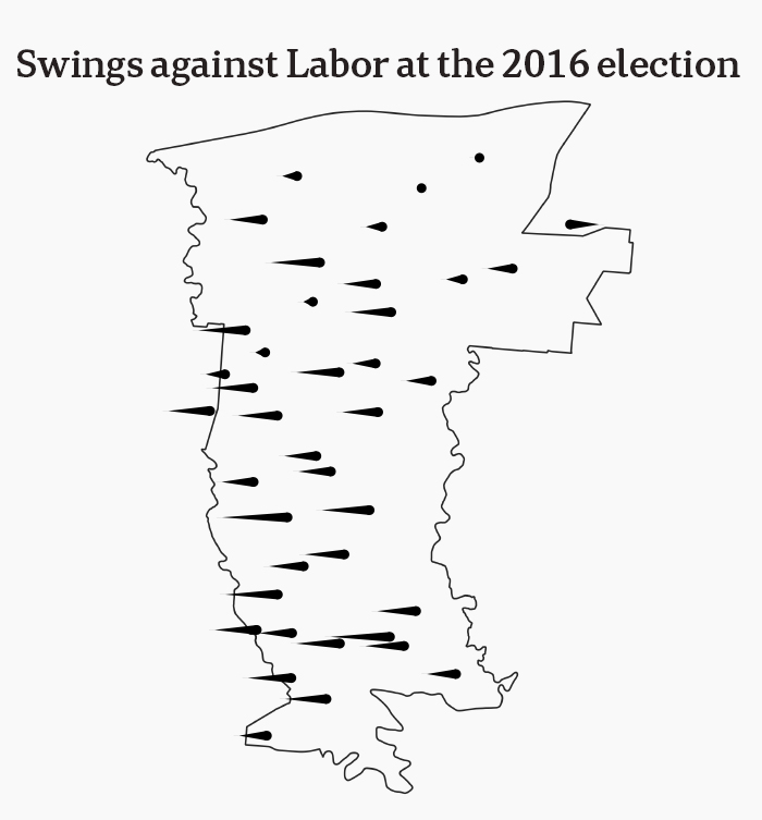 Chart showing swings against Labor at the 2016 election in Batman by booth