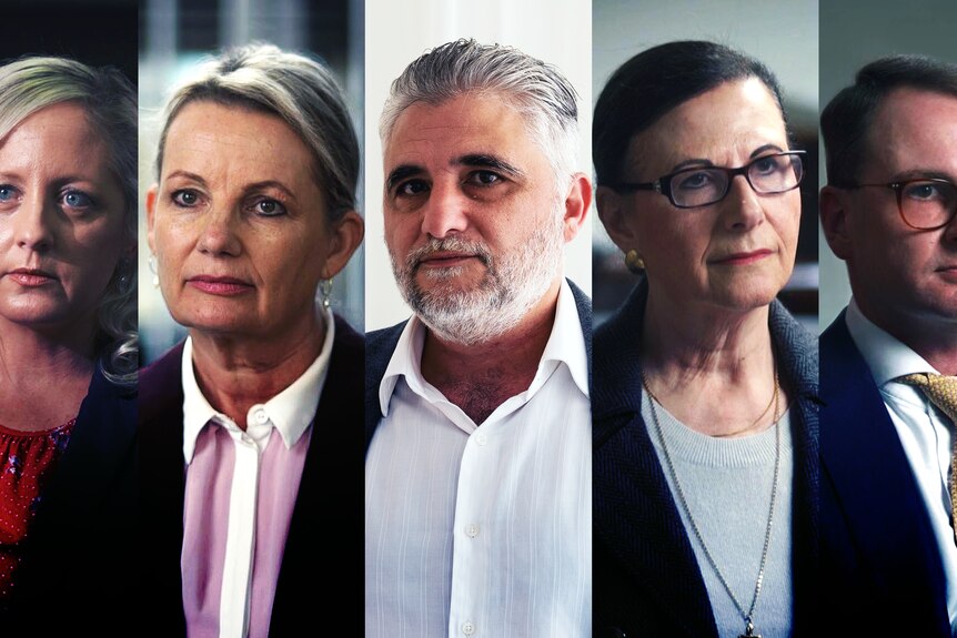 Composite image of five people all with neutral, serious expressions.