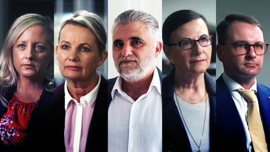Composite image of five people all with neutral, serious expressions.