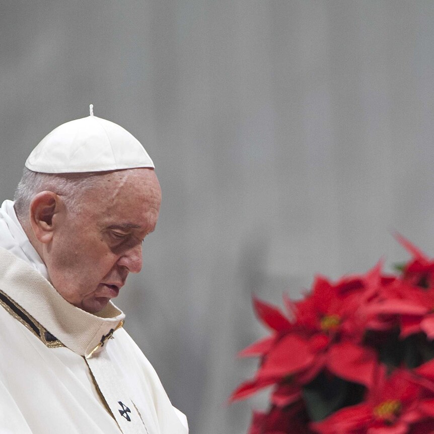 side-on of pope francis looking down with solemn expression wearing white cassock and pope hat. Poinsettia in background