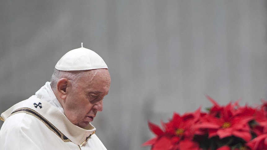 side-on of pope francis looking down with solemn expression wearing white cassock and pope hat. Poinsettia in background