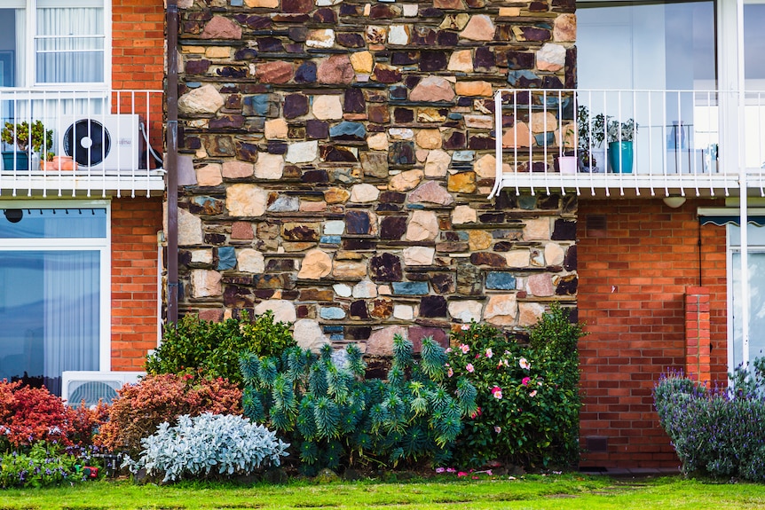 A slate wall in between two cream brick buildings, with a succulent garden underneath.