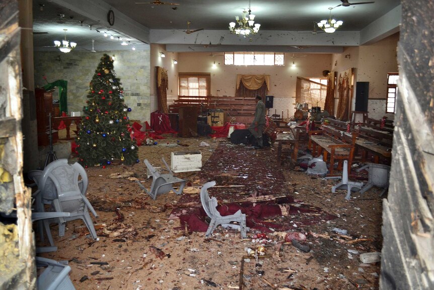 The interior of a church that has been gutted by a suicide attack.