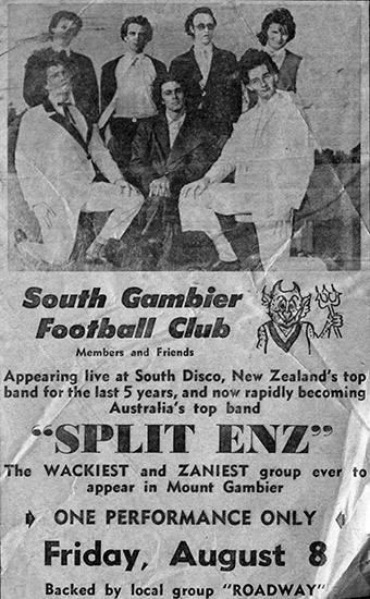 Newspaper ad for Split Enz at the South Gambier Football Club.