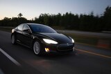 A black Tesla car driving at dusk