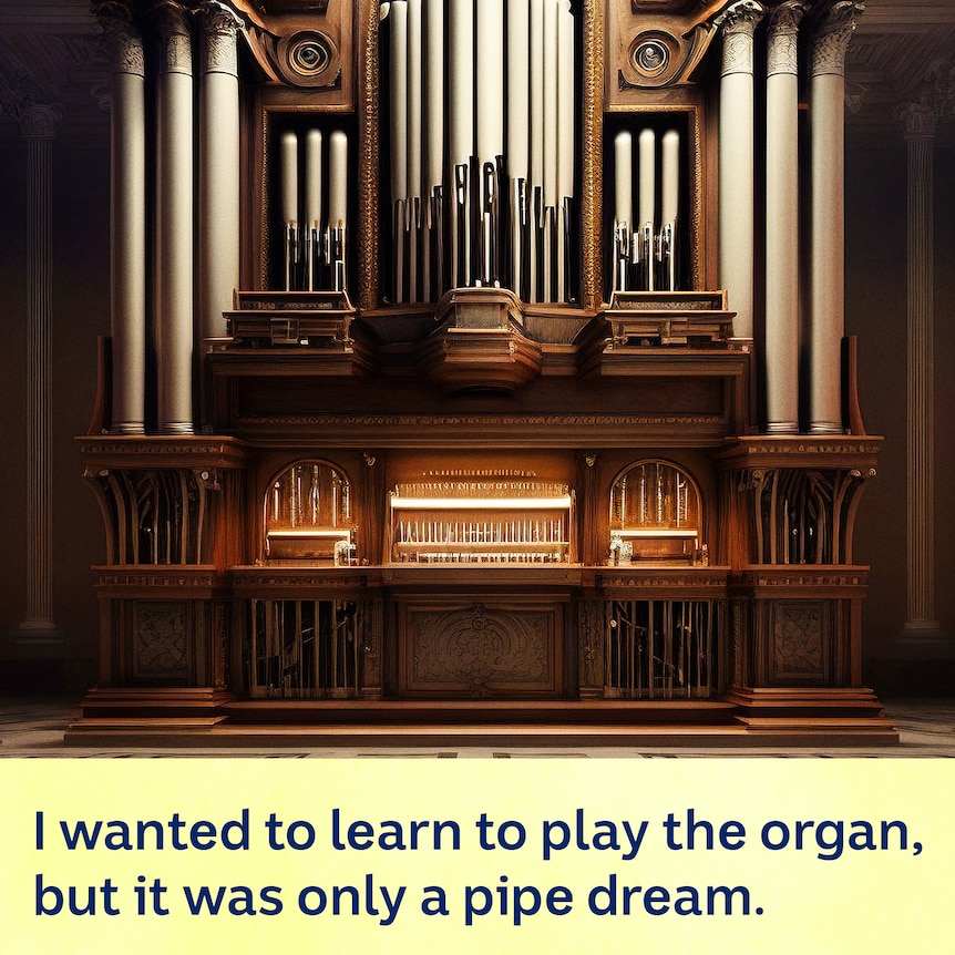 An image of a pipe organ, with a pun below that reads "I wanted to learn to play the organ, but it was only a pipe dream."