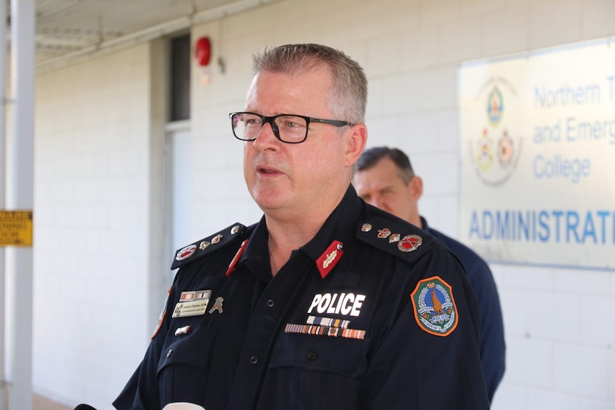 Police Commissioner Jamie Chalker in uniform speaks at a press conference on youth bail laws. 