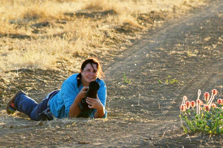 An amateur photographer looks up from her camera as she lies on a dirt, bush track waiting for her next shot