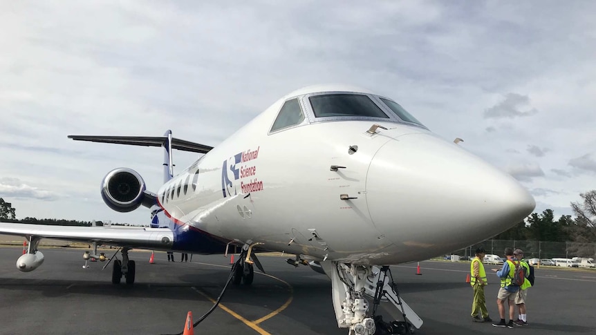 The  Gulfstream V flying laboratory on the tarmac in Hobart