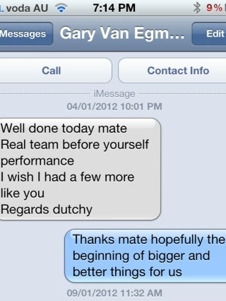 Text message from Newcastle Jets Coach Gary Van Egmond to Tarek Elrich, which was posted on Elrich's Twitter page.