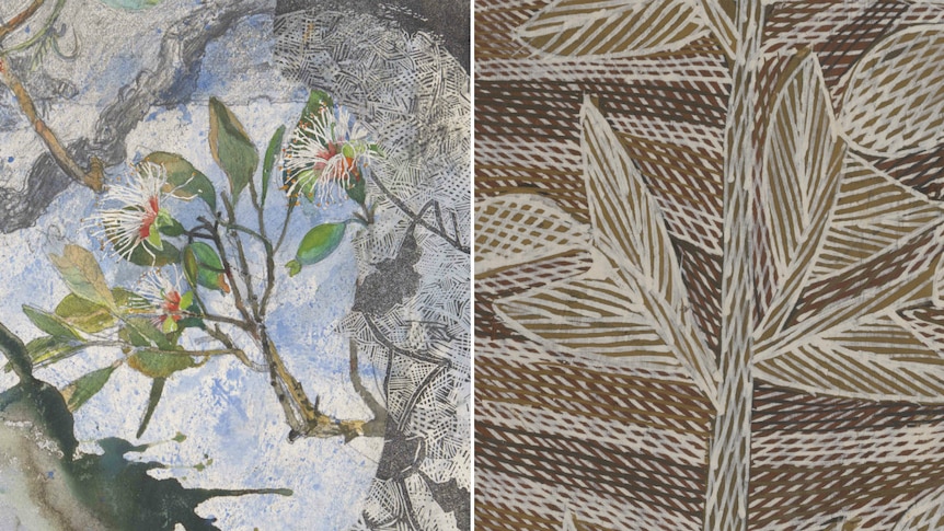 Details of John Wolseley and Mulkun Wirrpanda's paintings of 'dhanggi' side-by-side