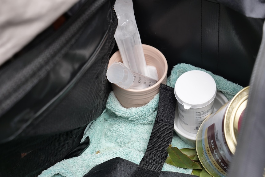 Syringes, tablet containers, and gumleaves in a black bag with blue blanket