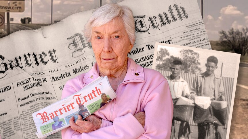 Broken Hill resident and subscriber to the Barrier Truth, Lyn Farquharson with archive photos of the newspaper