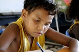 A young boy concentrates on his school work. 