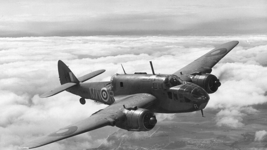 Black and white archival image of a Beaufort bomber flying