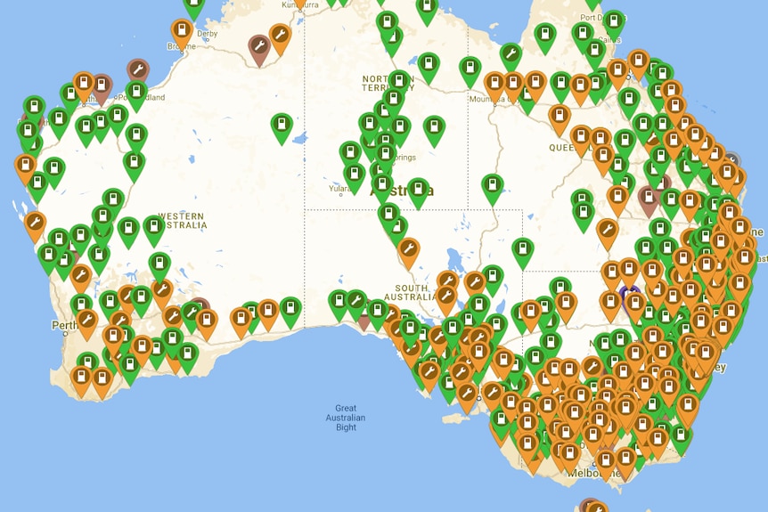 A map of Australia with hundreds of points showing the locations of electric vehicle charging stations.