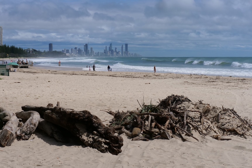 Debris on Gold Coast beach after conditions caused by ex-Tropical Cyclone Seth