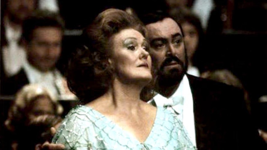 Joan Sutherland and Luciano Pavarotti sing during a concert, Sydney Opera House concert hall, 1983.