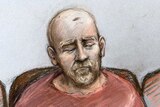 A court sketch of a bald man with pale eyebrows and beard