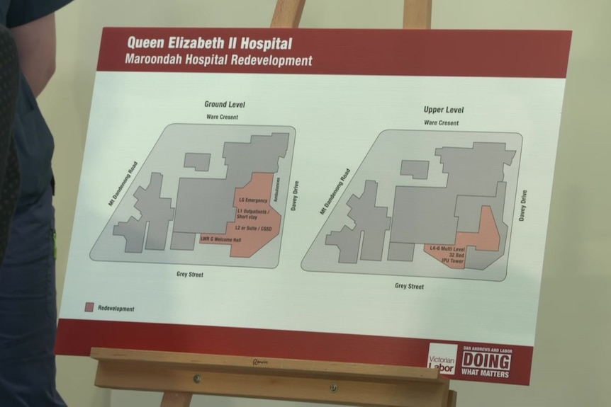 A cardboard display showing redevelopment plans for a hospital