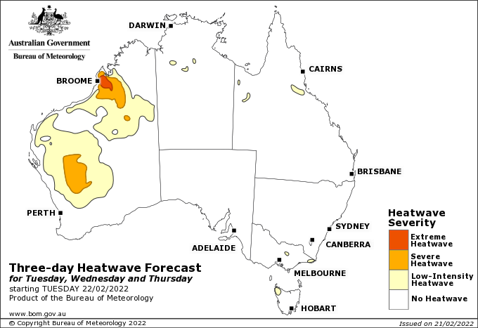 Heatwave map with low intensity to extreme heatwave conditions for around Broome and parts of the interior.