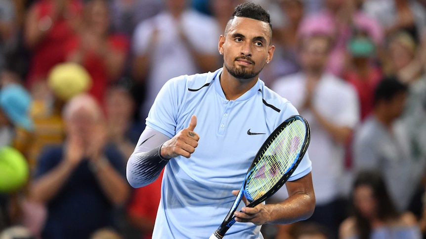 Nick Kyrgios of Australia celebrates his win over Ryan Harrison in the Brisbane International final.