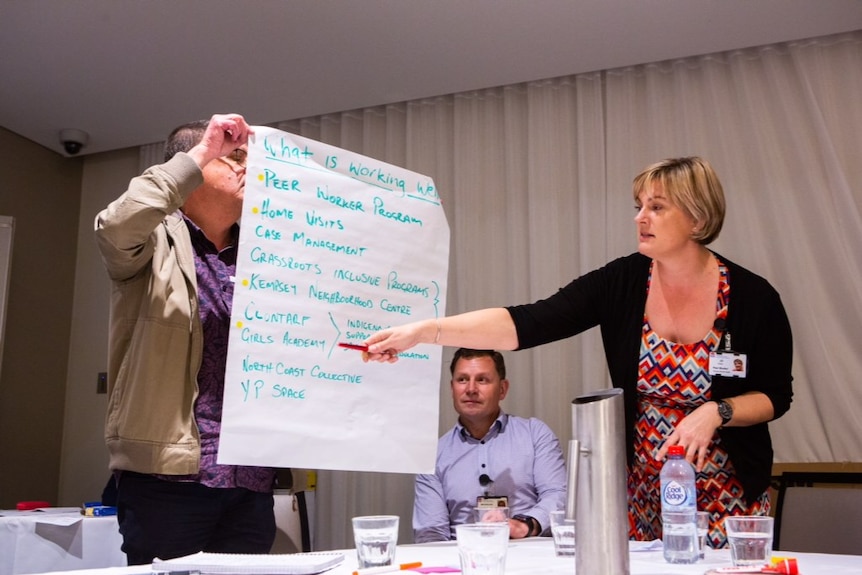 A participant in the mental health forum points to a sheet listing what's working in regional areas