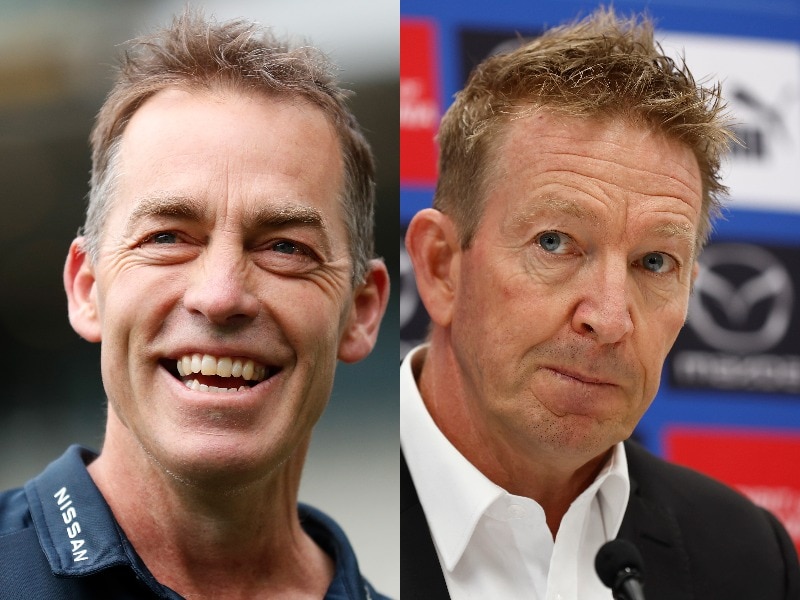 Photo of two two AFL coaches in different settings, one smiling, the other looking under stress.