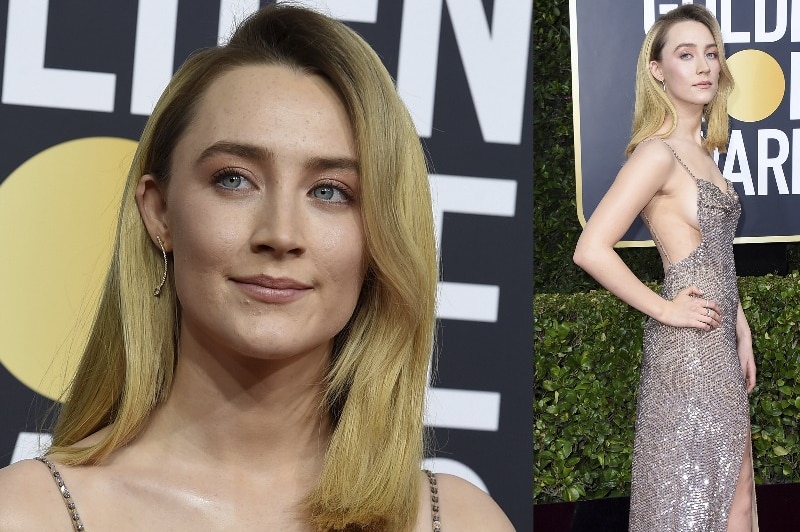 A composite image of Saoirse Ronan wearing a backless glittery gown with thin straps and a slit up the side.