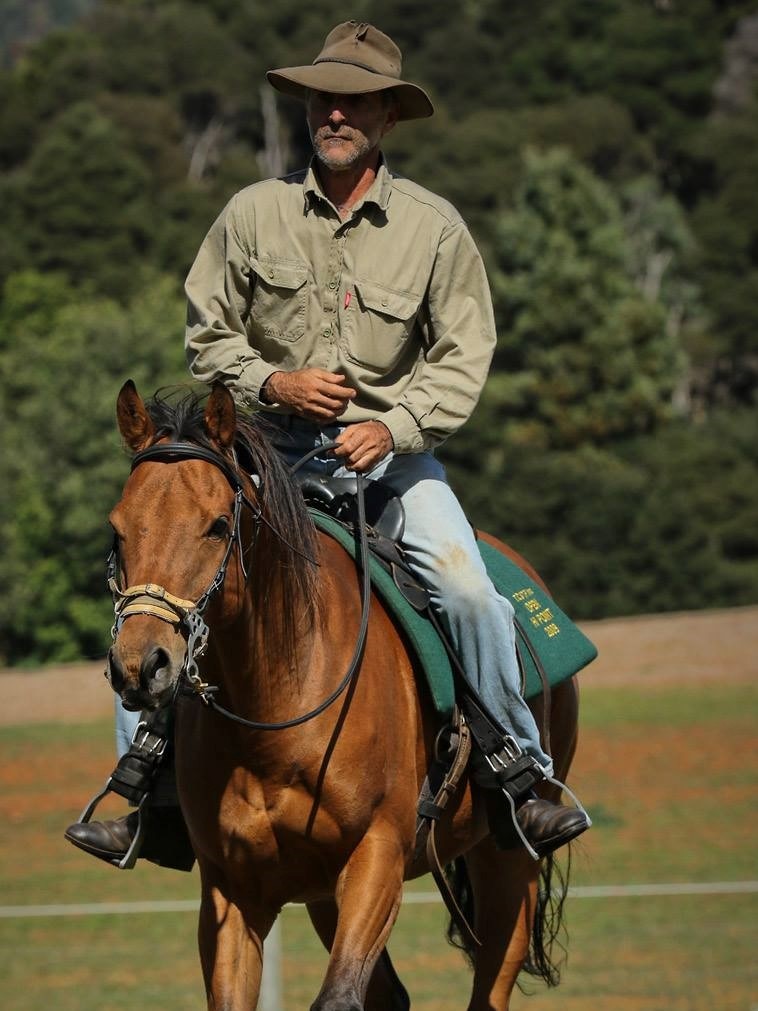 A man in an akubra riding a chestnut horse on a sunny day.