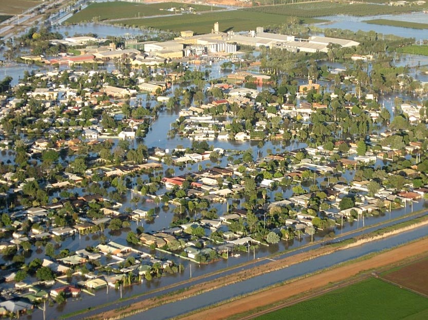 Floodwaters cover the town of Yenda.