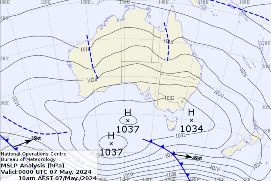 A map of Australia showing high pressure systems over the Tasman Sea