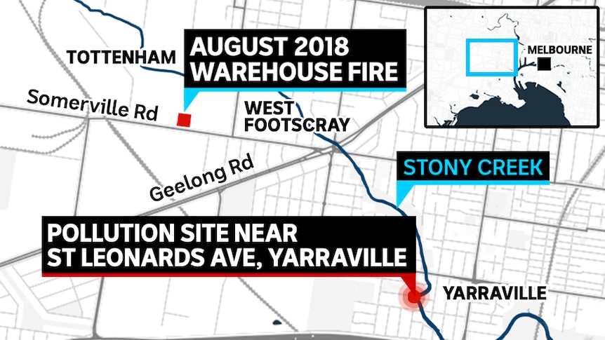 A map showing the location of an August 2018 warehouse fire and the September 2019 pollution of Stony Creek.