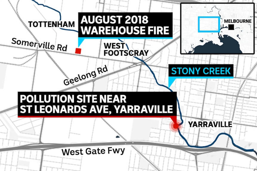 A map showing the location of an August 2018 warehouse fire and the September 2019 pollution of Stony Creek.
