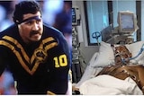 composite image of football player in his younger days and the same man in hospital now