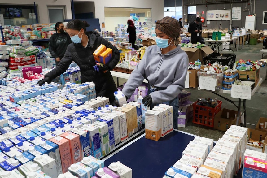 Amssa youth connect centre volunteers sort boxes and boxes of donated supplies, mainly food.