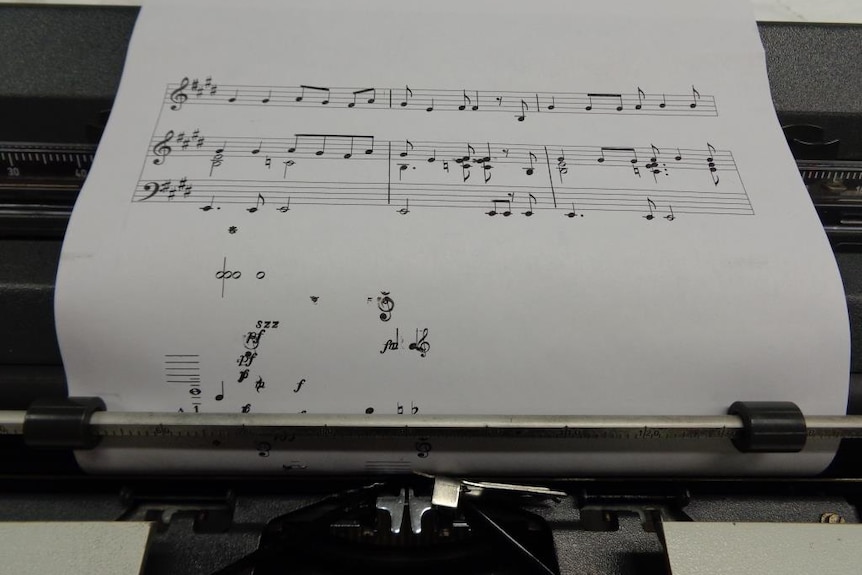 Musical notation on a page in the music typewriter at the National Library of Australia.