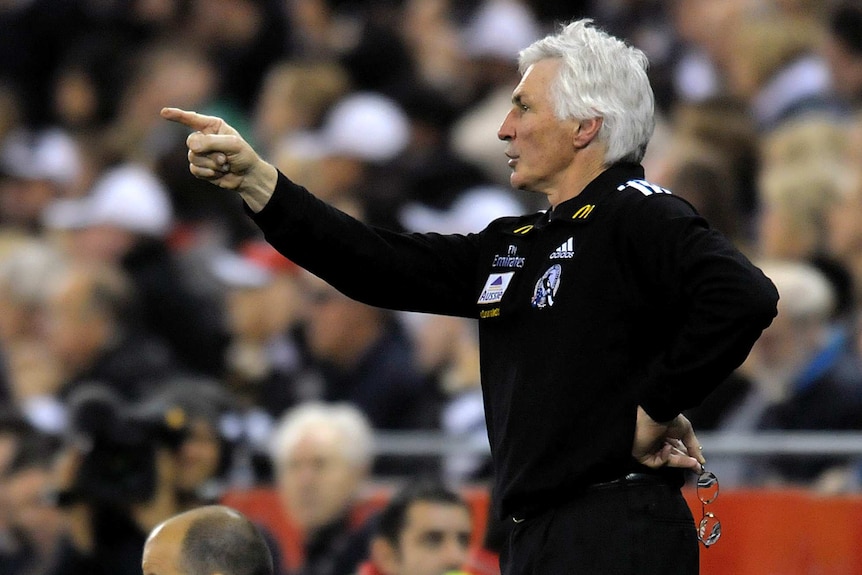 Collingwood coach Michael Malthouse coaches against the West Coast Eagles.