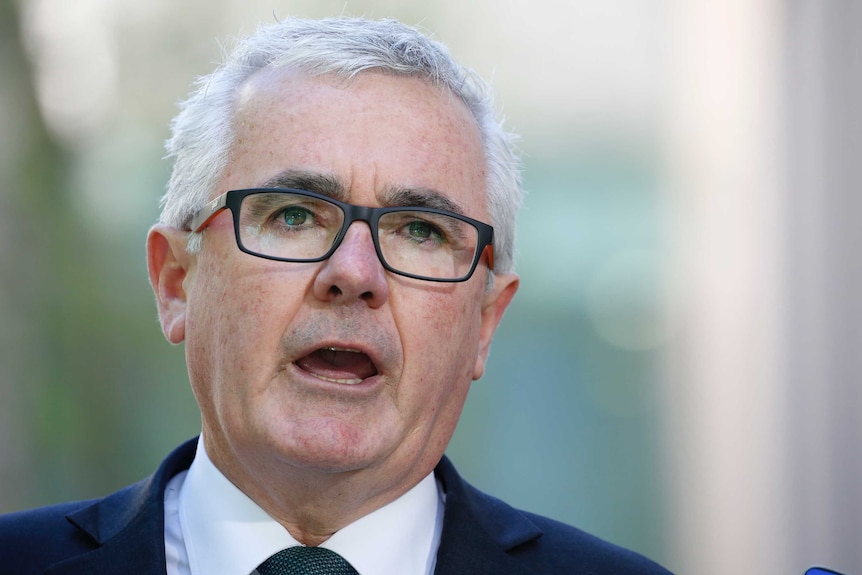 Tasmanian Independent MP Andrew Wilkie wearing black glasses and a navy suit in the Parliament House courtyards