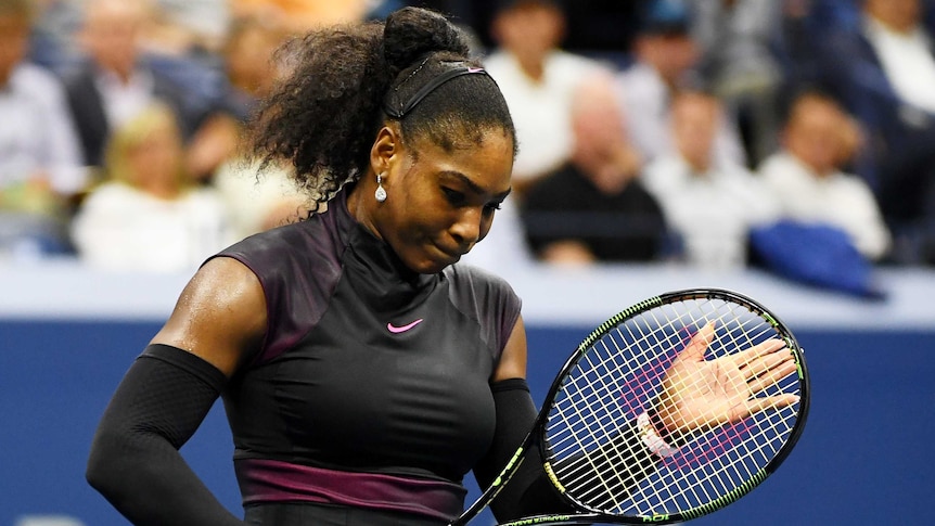 Arm wrestle ... Serena Williams applauds a Simona Halep shot during their three-set contest
