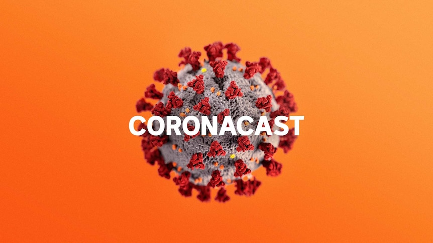 Illustration of a virus on an orange background with the title Coronacast