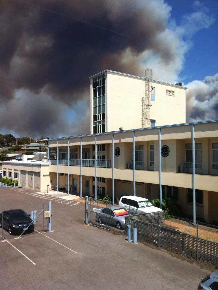 Dark smoke over Port Lincoln, viewed from the hospital