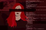 Illustrated portrait of girl with red hair and white hacker text overlay, eyes covered by blocks of dark red.