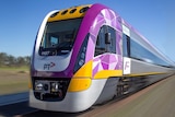 A purple, yellow and grey train moves along railway tracks in a rural setting.