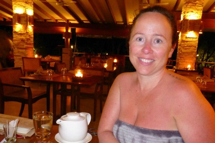 Renee enjoying a meal at a divorce retreat in Thailand